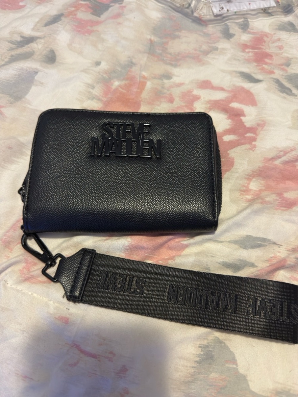 Steve Madden Black Pebbled Zip-Around Wristlet Wallet with Branded Strap